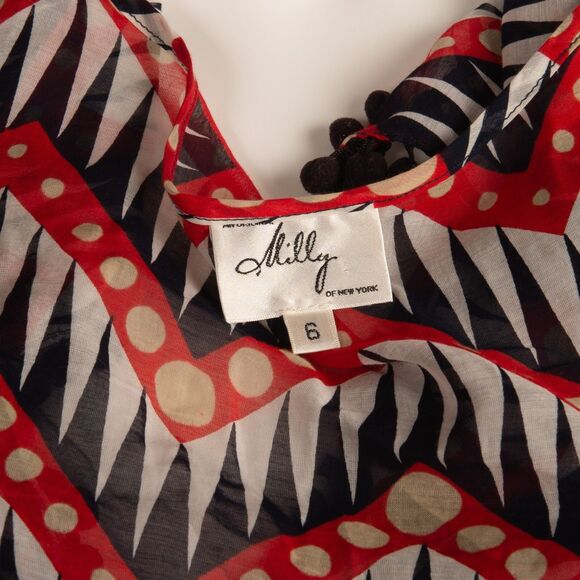 Milly Red Blue White Gold Silk Blend Sheer Blouse Pom-Poms Sz 6 - Picture 4 of 4